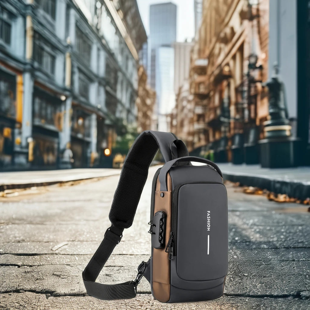 Men'S Large Capacity Waterproof Nylon Crossbody Sling Bag Fashionable Casual Chest with USB Charging New Password Lock